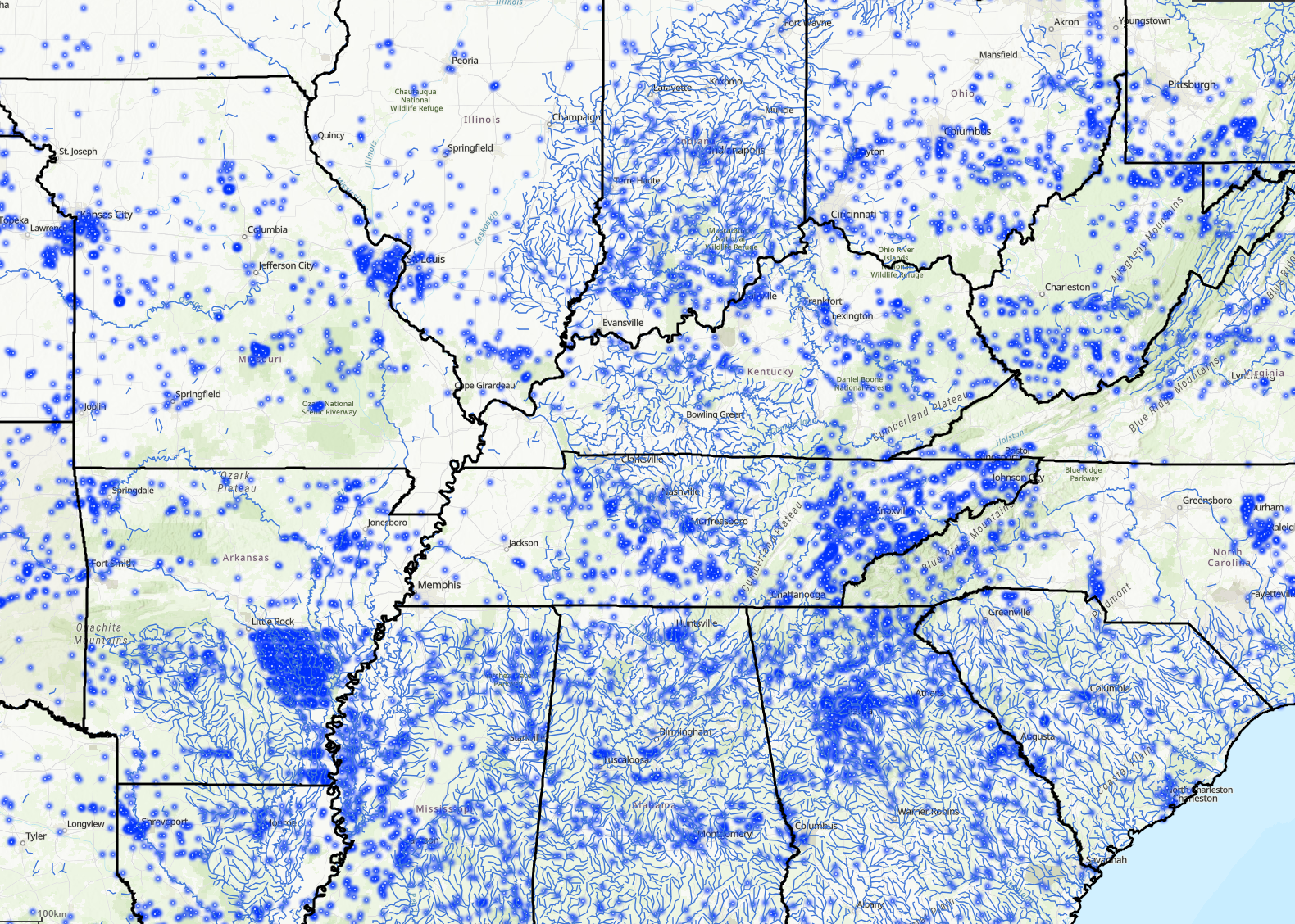 A screenshot of a map of rivers in Mid-Atlantic, Southern, and Midwestern states.