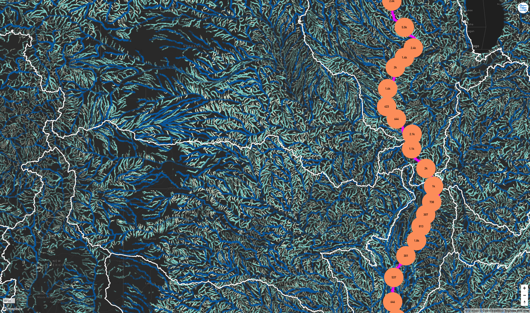 A still of Geoconnex Explorer that shows rivers in the United States Midwest, with the Mississippi River and its corresponding data collection sites highlighted in orange.