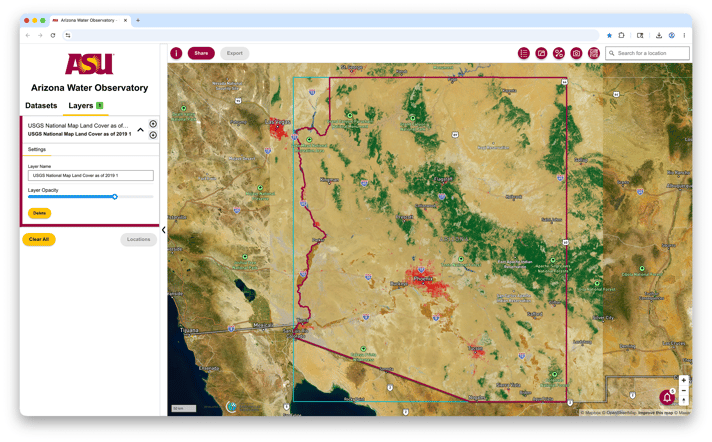 Screenshot of land cover data from the Arizona Water Observatory.