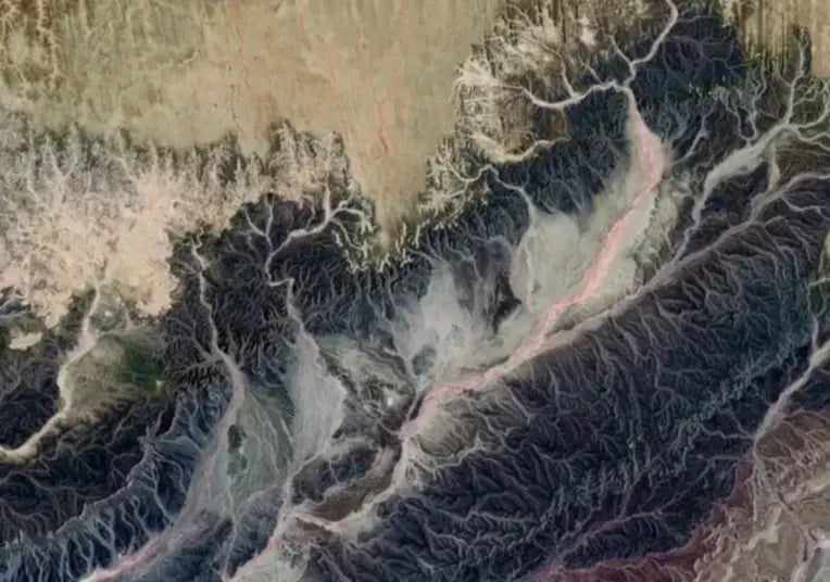 A satellite image of rivers and land.